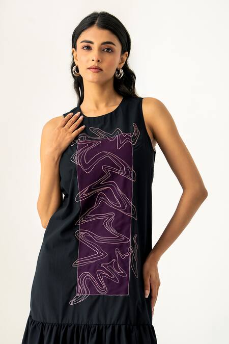 K-Anshika_Black Cotton Beads Round Neck Midi Dress With Abstract Embroidery _Online_at_Aza_Fashions