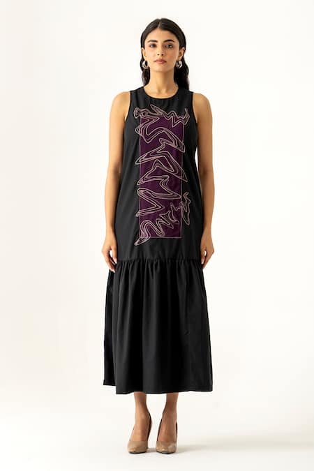 K-Anshika Black Midi Dress with Abstract Embroidery 
