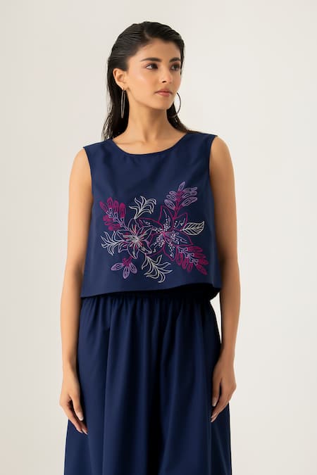 K-Anshika_Navy Cotton Beads, Sequins Round Neck Floral Embroidered Co-ord Set _Online_at_Aza_Fashions