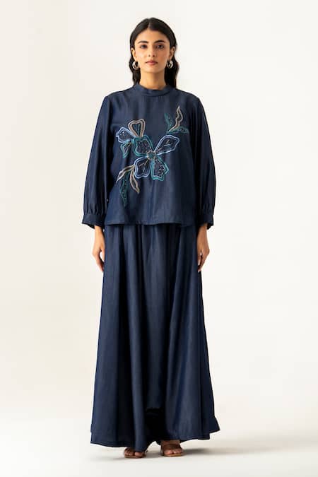 K-Anshika Navy Blue Floral Embroidered Co-Ord Set 