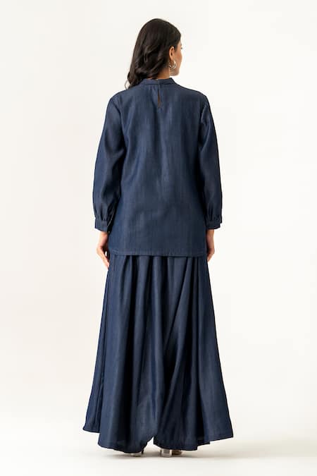 Shop K-Anshika Navy Cotton Embroidery, Sequins, Beads High Neck Blue Floral Co-ord Set at Aza Fashions Shop_K-Anshika_Navy Cotton Embroidery, Sequins, Beads High Neck Blue Floral Co-ord Set _at_Aza_Fashions