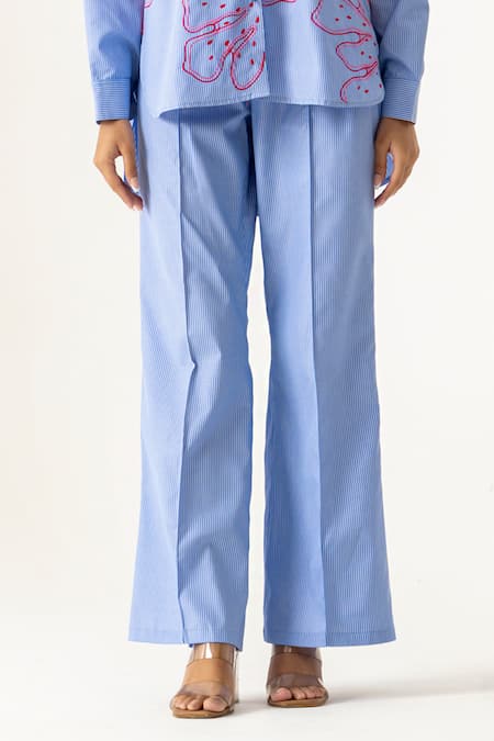 K-Anshika_Sky Blue Cotton Embroidery, Beads Collared Floral Co-ord Set _Online_at_Aza_Fashions