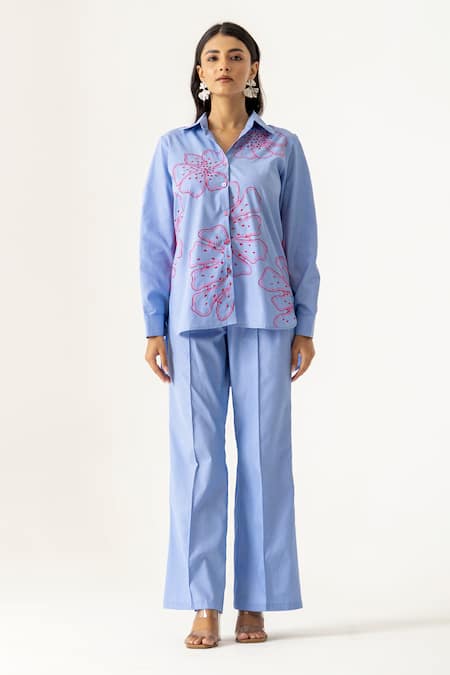 K-Anshika Floral Embroidered Sky Blue Co-Ord Set 