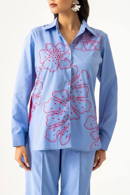 Buy_K-Anshika_Sky Blue Cotton Embroidery, Beads Collared Floral Co-ord Set _Online_at_Aza_Fashions