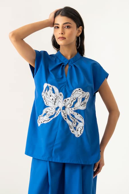 K-Anshika_Blue Cotton Embroidery, Beads, Sequins Keyhole Neck Cobalt Co-ord Set _Online_at_Aza_Fashions