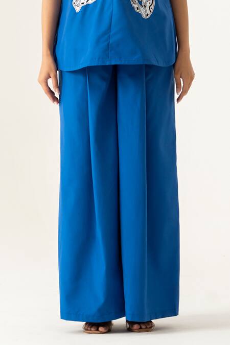 Buy_K-Anshika_Blue Cotton Embroidery, Beads, Sequins Keyhole Neck Cobalt Co-ord Set _Online_at_Aza_Fashions