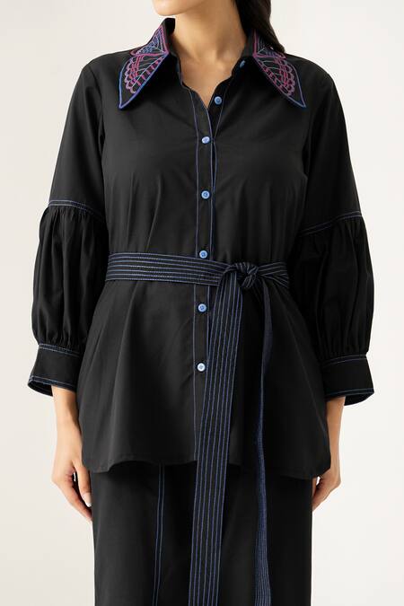 K-Anshika_Black Cotton Embroidery, Sequins Collared Puff Sleeve Co-ord Set _Online_at_Aza_Fashions