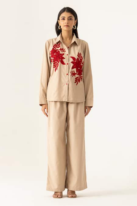 K-Anshika Beige Co-ord Set with Floral Embroidery 