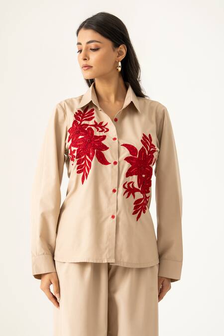 K-Anshika_Beige Cotton Embroidery Collared Co-ord Set With Floral _Online_at_Aza_Fashions