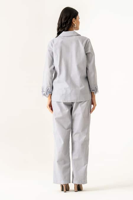 Shop K-Anshika Gray Cotton Embroidery Notched Neck Floral Grey Co-ord Set at Aza Fashions Shop_K-Anshika_Gray Cotton Embroidery Notched Neck Floral Grey Co-ord Set _at_Aza_Fashions