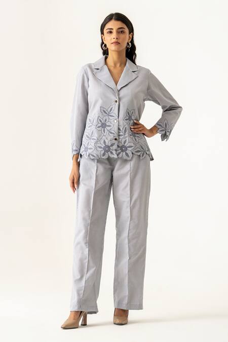K-Anshika Floral Embroidered Grey Co-ord Set 
