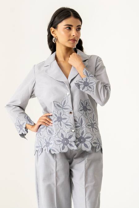 Buy K-Anshika Gray Cotton Embroidery Notched Neck Floral Grey Co-ord Set Online at Aza Fashions Buy_K-Anshika_Gray Cotton Embroidery Notched Neck Floral Grey Co-ord Set _Online_at_Aza_Fashions