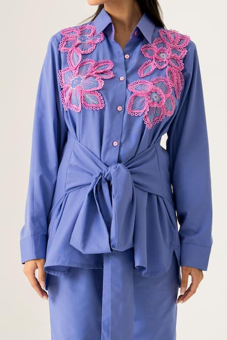 K-Anshika_Sky Blue Cotton Applique Collared Floral Co-ord Set _Online_at_Aza_Fashions