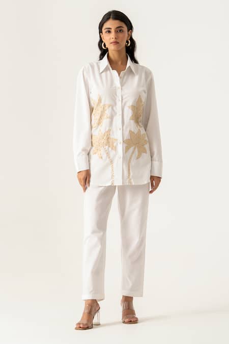 K-Anshika White Co-ord Set with Beige Embroidery 
