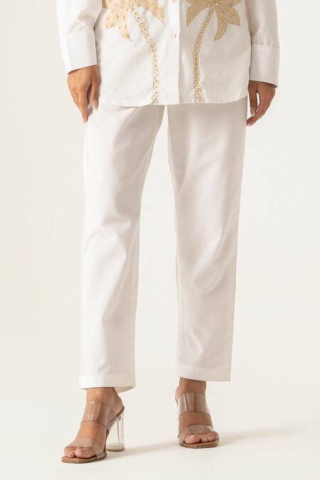 K-Anshika_Off White Cotton Embroidery, Beads, Sequins Collared Co-ord Set With Beige _Online_at_Aza_Fashions