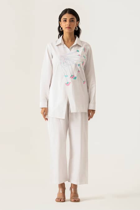 K-Anshika White Co-ord Set with Peacock Embroidery 