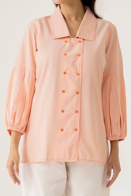 Buy_K-Anshika_Peach Cotton Embroidery, Beads, Sequins Collared Co-ord Set With Floral _Online_at_Aza_Fashions