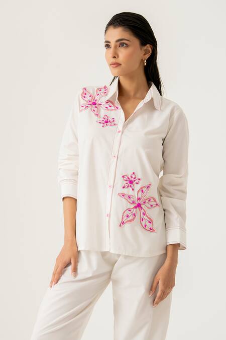 K-Anshika_White Cotton Embroidery, Beads, Sequins Collared Co-ord Set With Floral Applique _Online_at_Aza_Fashions