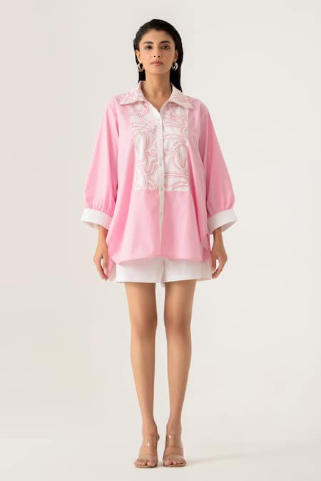 K-Anshika Pink Striped Shirt & White Shorts Set 