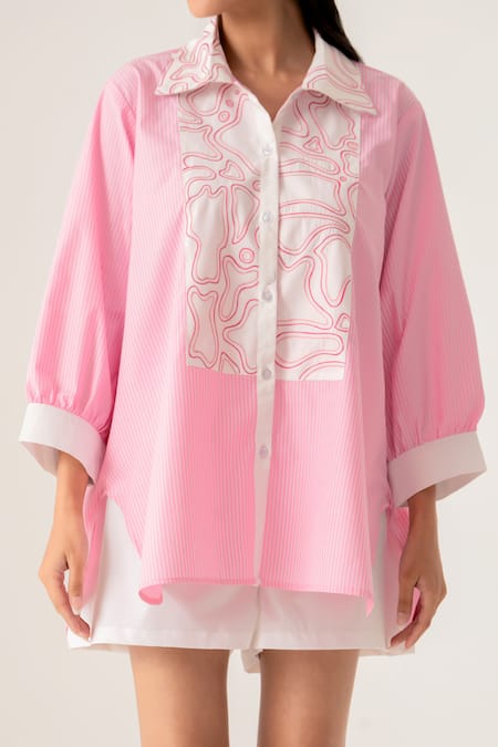 K-Anshika_Pink Cotton Beads, Sequins Collared Striped Shirt And White Shorts Set _Online_at_Aza_Fashions