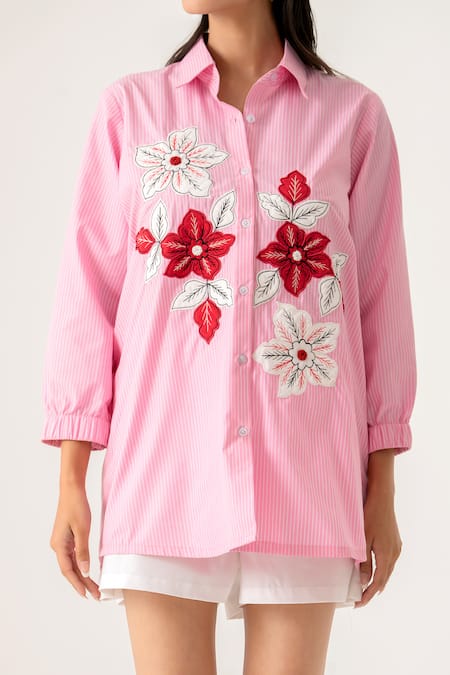 K-Anshika_Pink Cotton Beads, Sequins Collared Floral Embroidered Co-ord Set _Online_at_Aza_Fashions