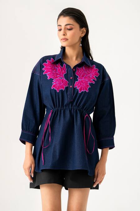 K-Anshika_Blue Denim, Cotton Embroidery, Beads, Sequins Collared, Bloom Top And Shorts Set _Online_at_Aza_Fashions