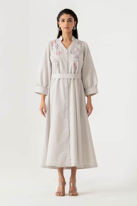 K-Anshika Embroidered Grey Midi Shirt Dress With Belt 
