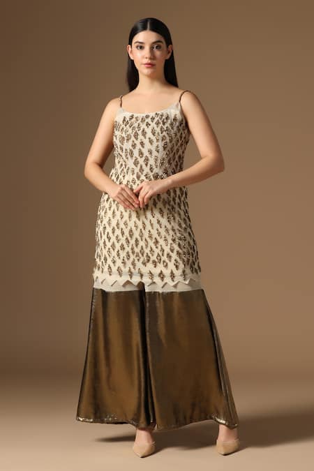 Buy Rina Dhaka Cream Net Sequins Square Neck Gold Kurta And Sharara Set Online at Aza Fashions Buy_Rina Dhaka_Cream Net Sequins Square Neck Gold Kurta And Sharara Set _Online_at_Aza_Fashions