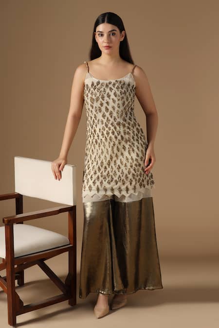 Rina Dhaka Cream Gold Kurta & Sharara Set 