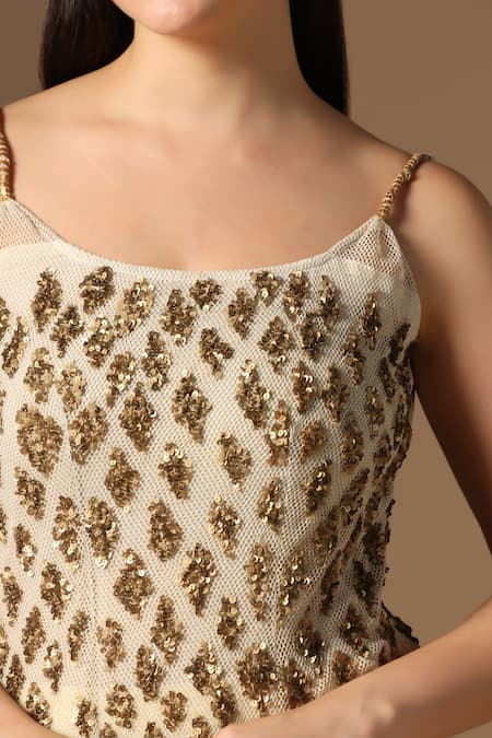 Buy Rina Dhaka Cream Net Sequins Square Neck Gold Kurta And Sharara Set Buy_Rina Dhaka_Cream Net Sequins Square Neck Gold Kurta And Sharara Set