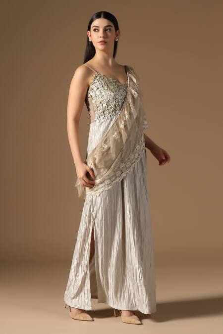 Rina Dhaka_Cream Satin, Net Embroidery Sweetheart Neck Saree Gown _Online_at_Aza_Fashions