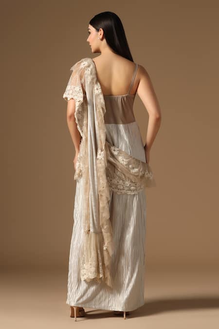 Rina Dhaka Cream Satin Embroidered Saree Gown 