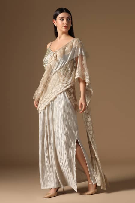 Buy_Rina Dhaka_Cream Satin, Net Embroidery Sweetheart Neck Saree Gown _Online_at_Aza_Fashions