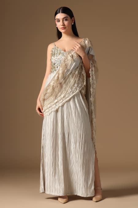 Rina Dhaka Cream Satin Embroidered Saree Gown 