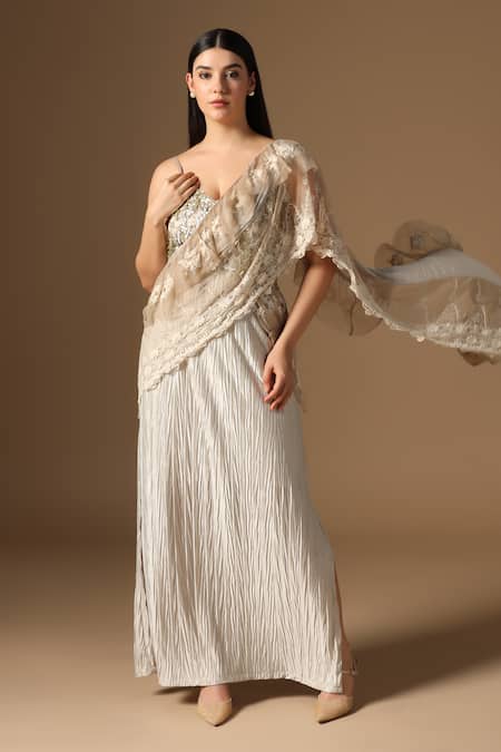 Shop_Rina Dhaka_Cream Satin, Net Embroidery Sweetheart Neck Saree Gown _Online_at_Aza_Fashions