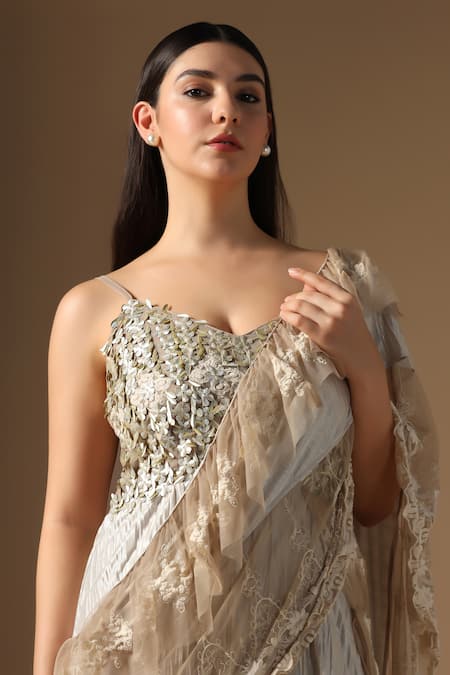 Rina Dhaka_Cream Satin, Net Embroidery Sweetheart Neck Saree Gown _at_Aza_Fashions