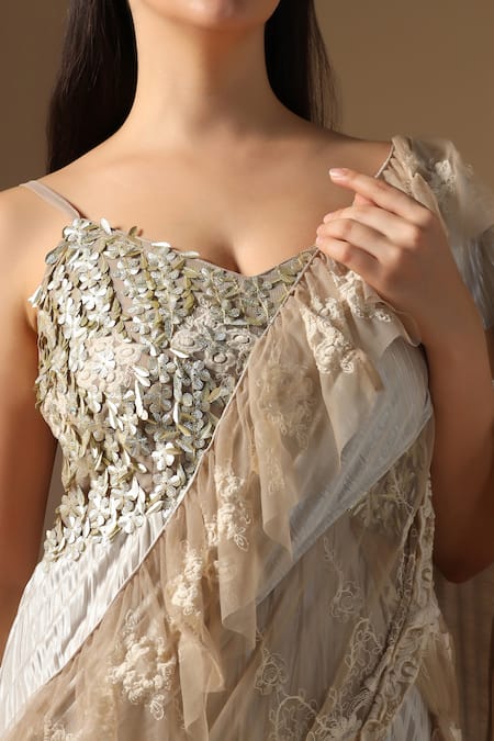 Buy_Rina Dhaka_Cream Satin, Net Embroidery Sweetheart Neck Saree Gown 