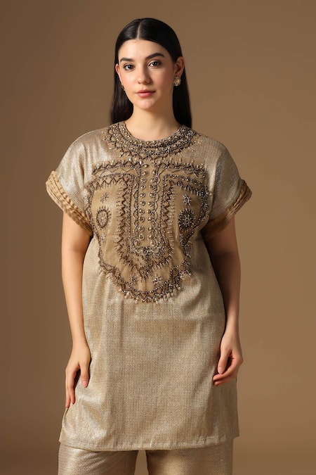 Rina Dhaka_Gold Lurex, Linen Beads, Sequins Round Neck Kurta And Pant Set _Online_at_Aza_Fashions