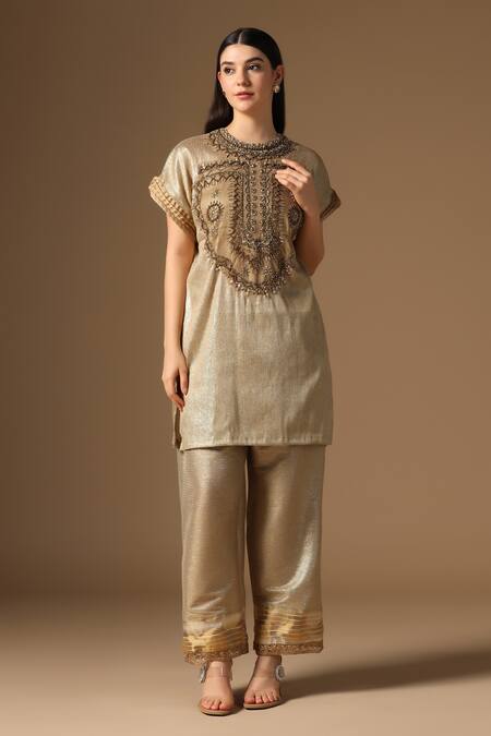 Buy_Rina Dhaka_Gold Lurex, Linen Beads, Sequins Round Neck Kurta And Pant Set _Online_at_Aza_Fashions