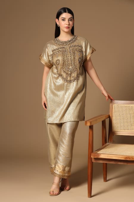 Rina Dhaka Gold Lurex, Linen Beads, Sequins Round Neck Kurta And Pant Set