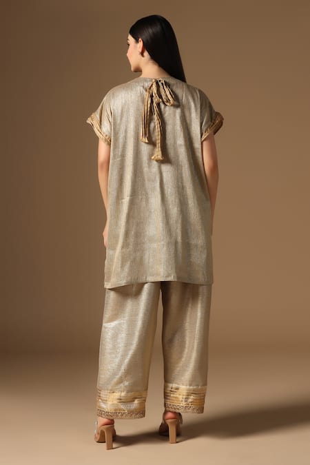 Rina Dhaka Golden Lurex Linen Kurta & Pant Set 