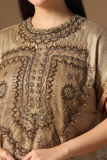 Shop_Rina Dhaka_Gold Lurex, Linen Beads, Sequins Round Neck Kurta And Pant Set _Online_at_Aza_Fashions