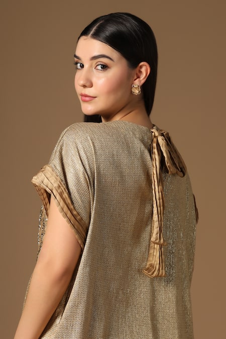 Rina Dhaka_Gold Lurex, Linen Beads, Sequins Round Neck Kurta And Pant Set _at_Aza_Fashions