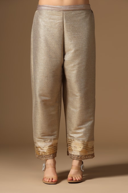 Buy_Rina Dhaka_Gold Lurex, Linen Beads, Sequins Round Neck Kurta And Pant Set 