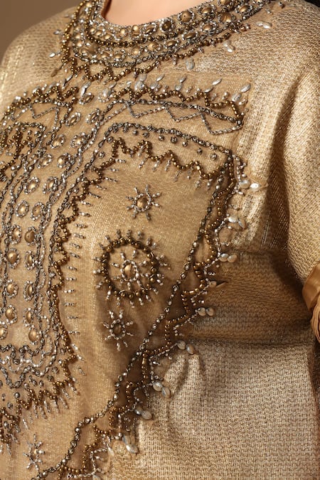 Shop_Rina Dhaka_Gold Lurex, Linen Beads, Sequins Round Neck Kurta And Pant Set 