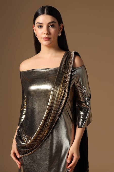 Buy_Rina Dhaka_Gold Lurex Off-shoulder Metallic Saree Gown _Online_at_Aza_Fashions