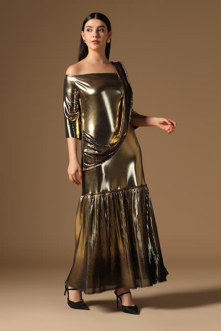 Shop_Rina Dhaka_Gold Lurex Off-shoulder Metallic Saree Gown _Online_at_Aza_Fashions