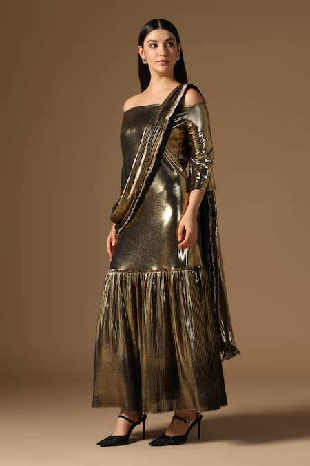Buy_Rina Dhaka_Gold Lurex Off-shoulder Metallic Saree Gown 