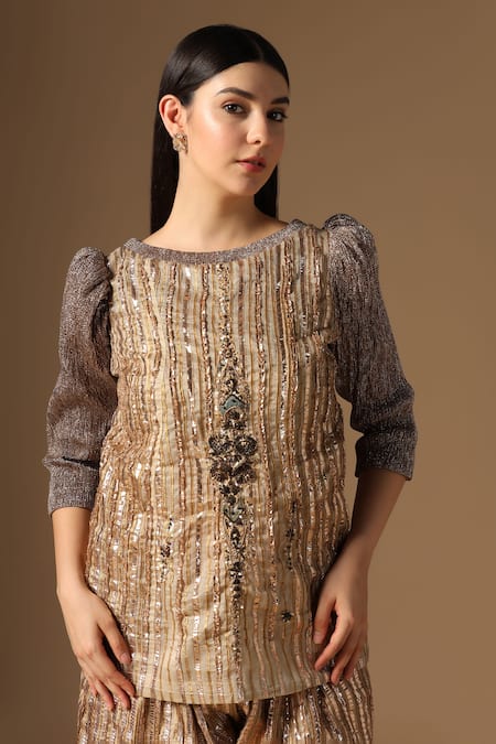 Rina Dhaka Gold Sequins, Embroidery Round Neck Kurta And Gharara Set Online at Aza Fashions Rina Dhaka_Gold Sequins, Embroidery Round Neck Kurta And Gharara Set _Online_at_Aza_Fashions