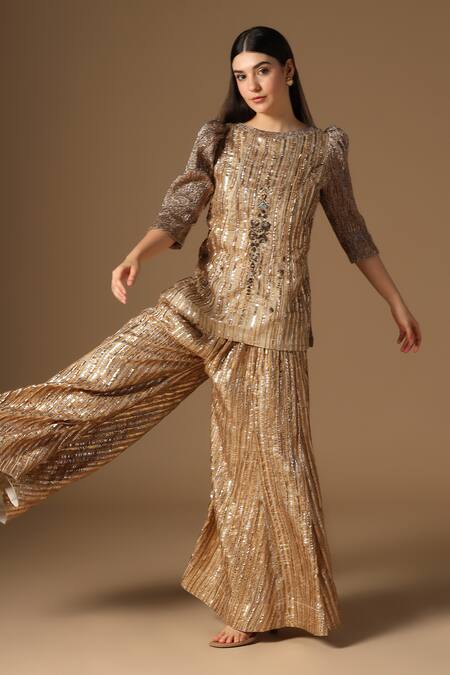 Buy Rina Dhaka Gold Sequins, Embroidery Round Neck Kurta And Gharara Set Online at Aza Fashions Buy_Rina Dhaka_Gold Sequins, Embroidery Round Neck Kurta And Gharara Set _Online_at_Aza_Fashions